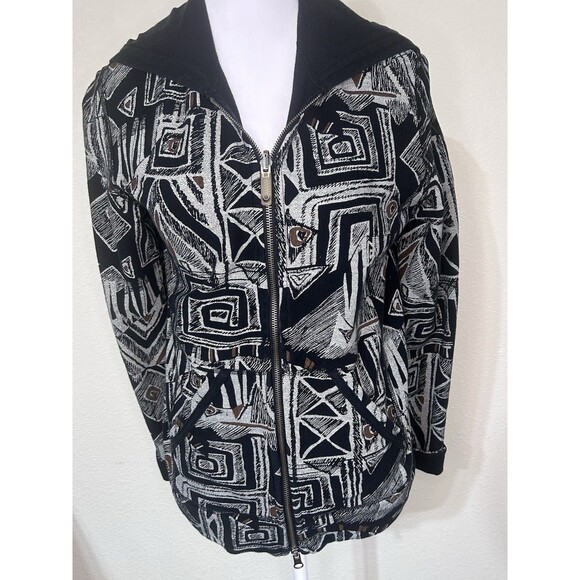 Zenergy Chicos Jacket Womens Size 0 Hooded Black Gray Geometric Full Zip Pockets - Picture 2 of 6